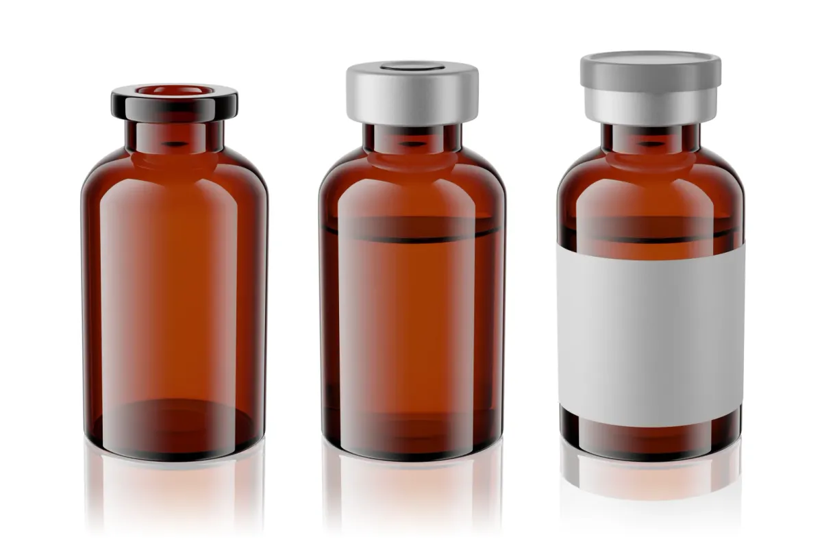 Three amber vials showing an open container, an aluminum closure, and a finished labeled presentation
