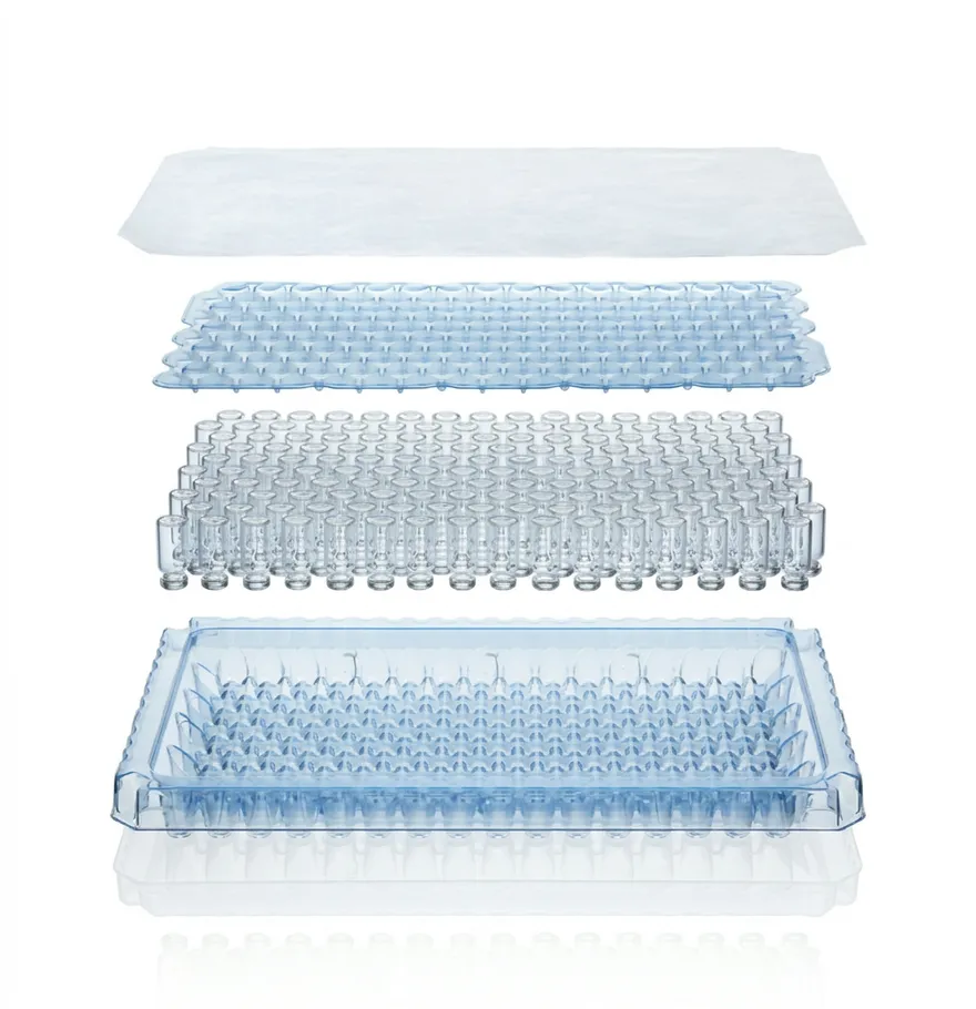 Exploded view of a nested vial tray system: protective liner, vial nest, rows of glass vials, and outer tray