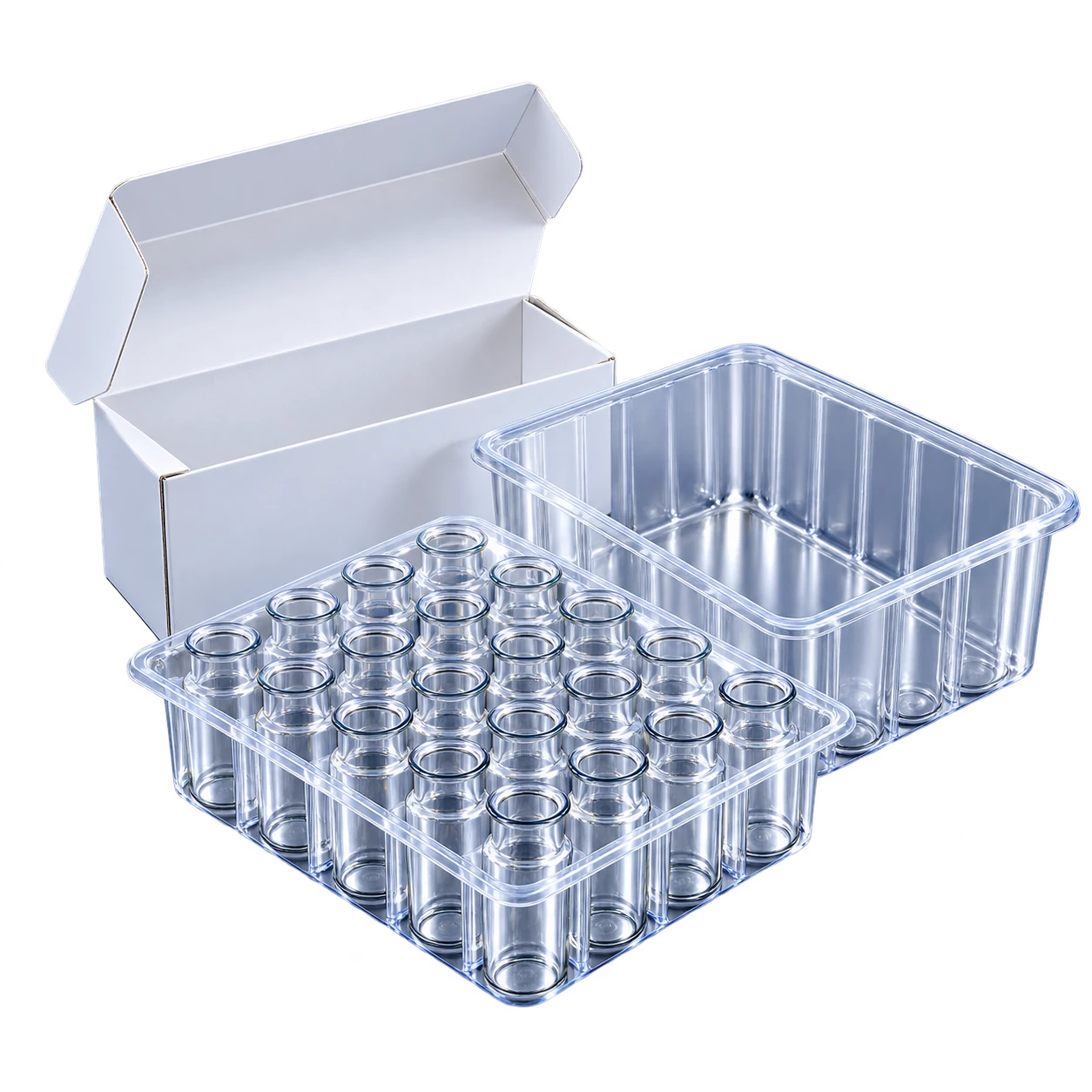 Clear vial boxes and a nested tray