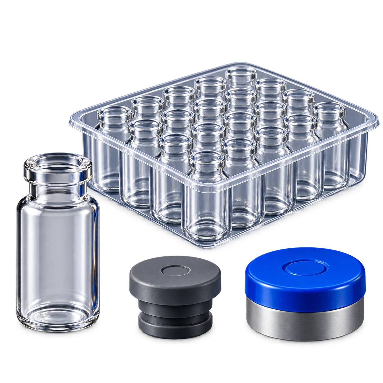 Vial, stopper and cap kit components