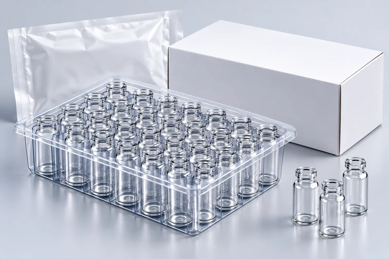 Nested tray of empty vials beside a white box