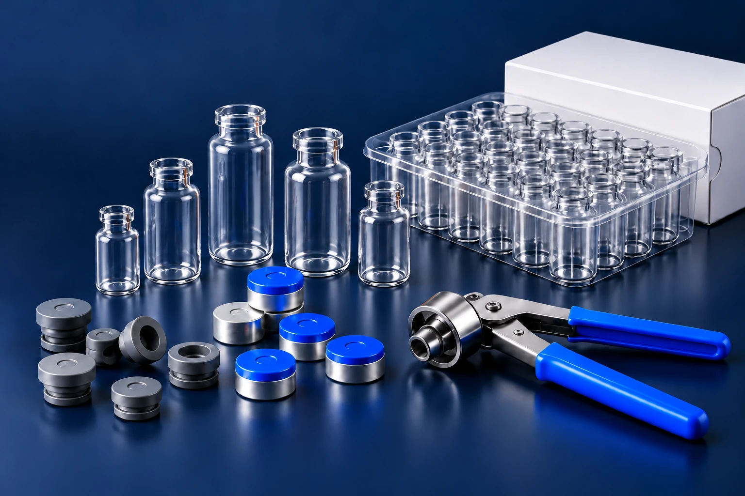 Vials, stoppers, caps and a crimping tool laid out together