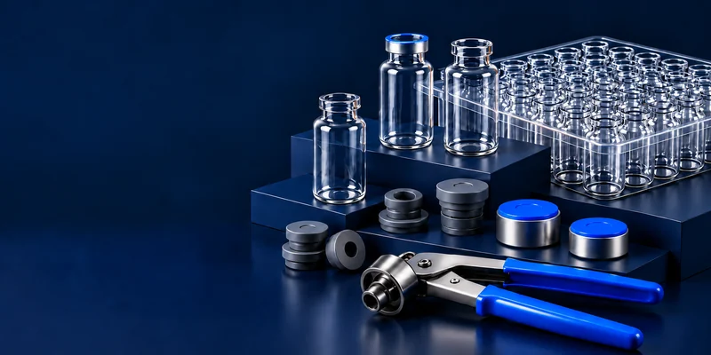 Empty vials, stoppers, seals and a crimping tool on navy plinths