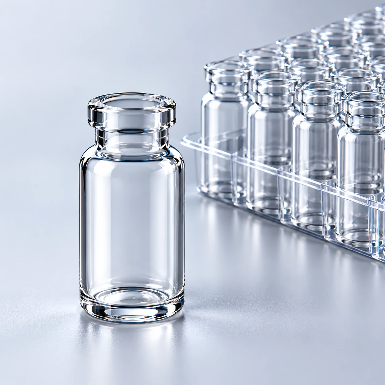 Empty clear glass vial beside a nested tray of vials
